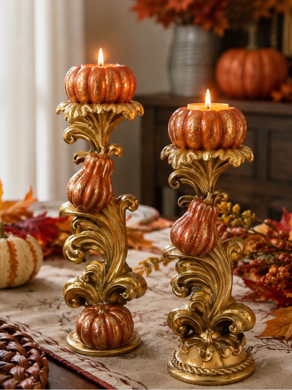 Acorn + Oak Harvest Collection Pumpkin Candle Holders Set of 2 New in Box